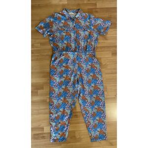 Sugarhill Brighton Jumpsuit‎ Size 12 Elastic Waist Blue Floral Short Sleeve